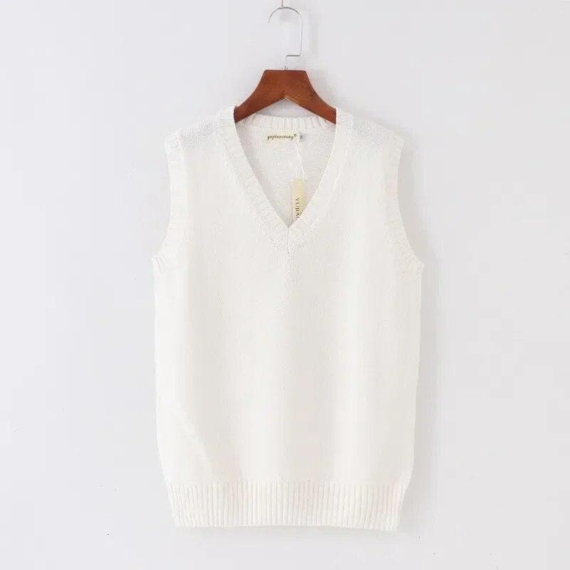 Solid Knitted Sweater Vest Women Fashion V-neck Office Lady Knitwears Autumn And Winter Sleeveless Women Vests Sweaters 29875 S ivory