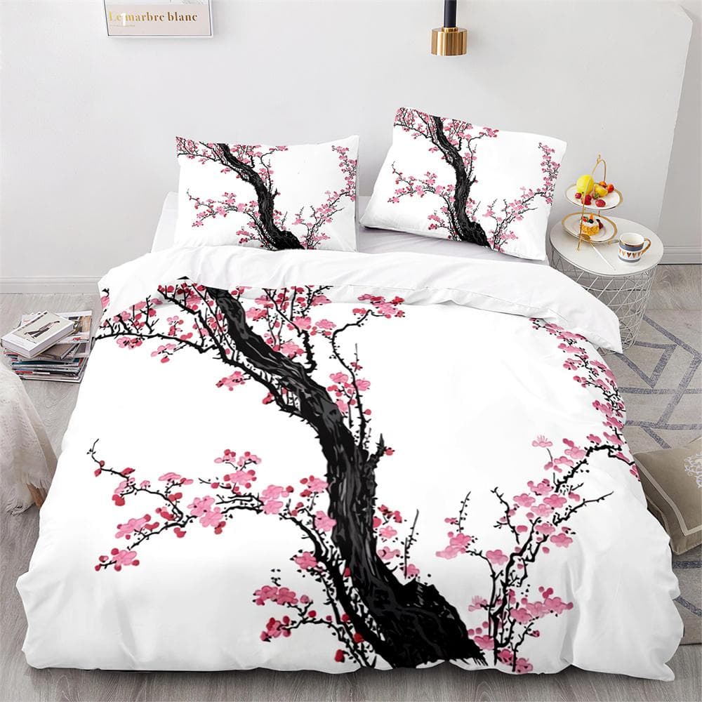 Ukiyo-e Japanese Style Duvet Cover Set Polyester Bedding Set Cherry Blossoms Snow Mountain Comforter Cover King Queen Full Size EU single(135x200cm)