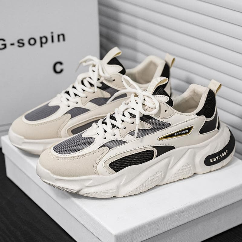 Thick Sole Versatile Clunky Sneaker for Men New Trend Mesh Lace Up Breathable Casual Sports Shoes Increased Soft Soles 44 beige