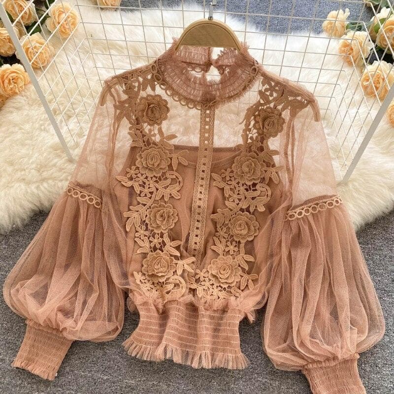 Elegant Floral Mesh Long Sleeve Short Blouse Sweet Women Lantern Sleeve Lace Shirts Ladies See Through Mesh Blouse Tops 25914 One Size brown
