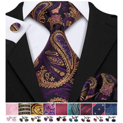198 Colors Mens Silk Tie Black Blue Red Necktie Hanky Cufflinks Wedding 3PCS Set N-0571