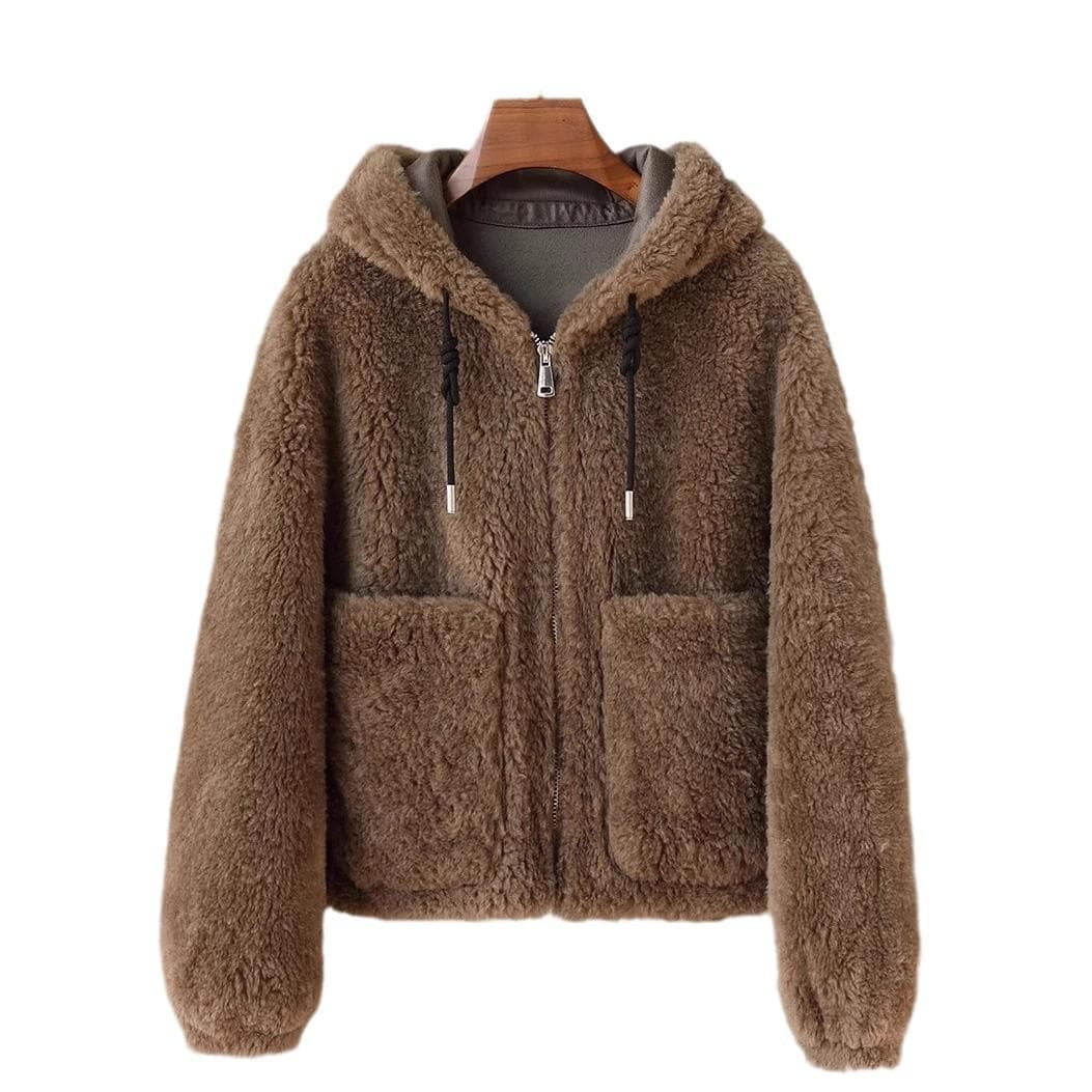 Hooded Cashmere Coat Fur Integrated Coat Women's Short Lamb Fur Full Wool M