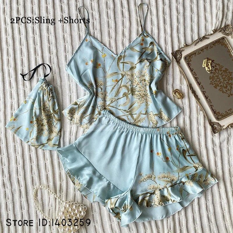 New Female 4PCS Pajamas Set Spring Summer Satin Sleepwear Intimate Lingerie Print Cherry Flower Nightgown Loose Home Clothes XL