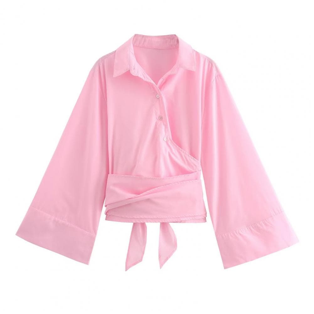 Women Shirt Lapel Long Sleeve Lace-Up Button Placket Casual Commuting Style Shirt Top Solid Color Work Tops M pink