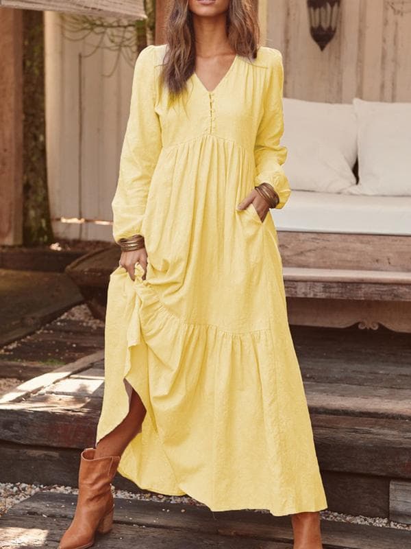 Women's Cotton and Linen Retro Casual Long Sleeved Dress M light yellow