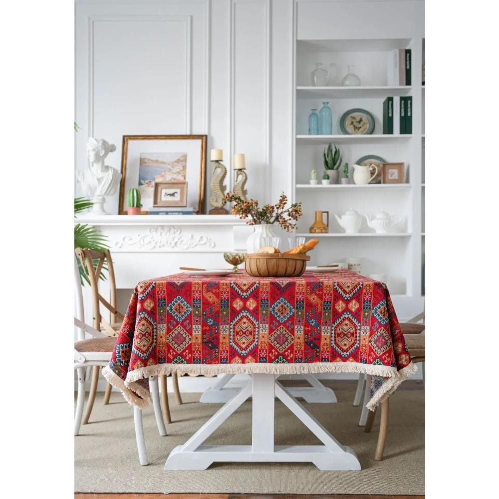 Tassel Edge Cotton Linen Table Cover Red Holiday Jacquard Dining Tablecloth Flower Pattern Dustproof Tablecloth Background Cloth 140x300cm 1pcs