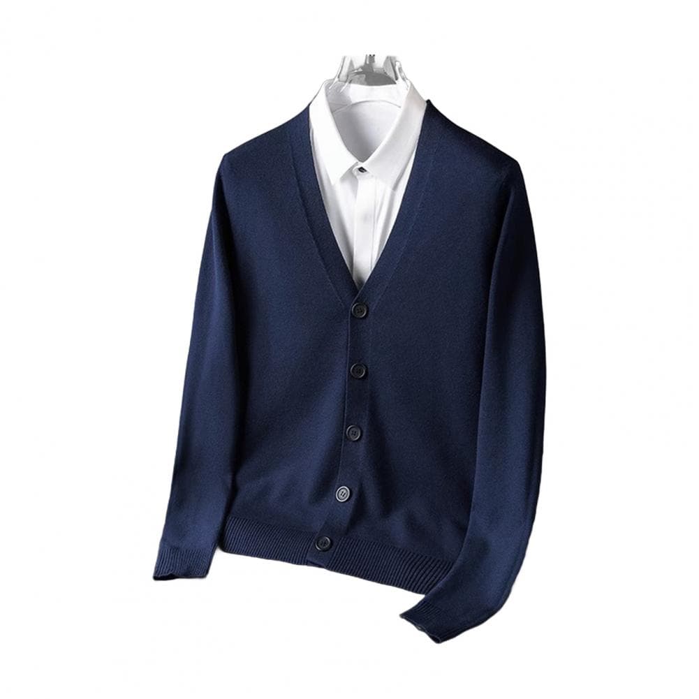 Fall Winter Men Cardigan V Neck Knitted Solid Color Elastic Pure Color Loose Buttons Single-breasted Formal Business Style Sweat M dark blue