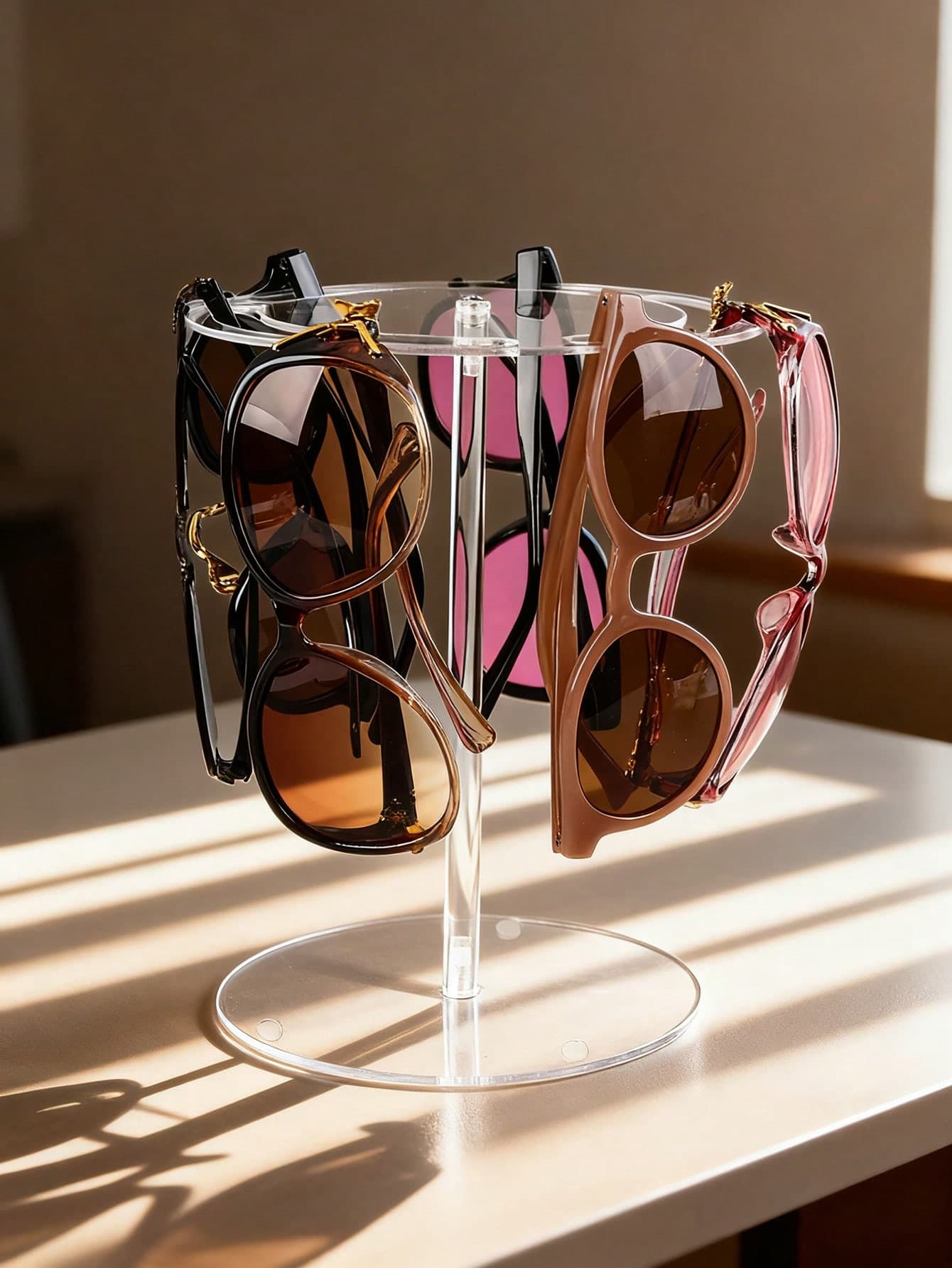 1pc Acrylic Sunglasses Display Stand, High-Quality Transparent 360° Rotating Round Elevated Holder, Clear Desktop Eyeglasses Organizer Rack one-size clear
