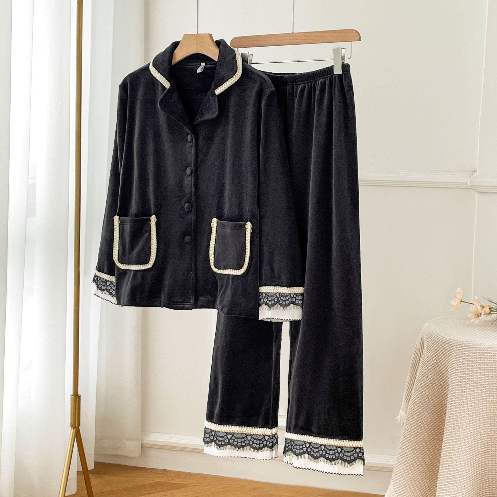 Vintage 2PCS Pajamas Autumn Winter Thick Warm Sleepwear Black Flip Collar Long Sleeved Home Clothes Trousers Suits Nightwear XL black