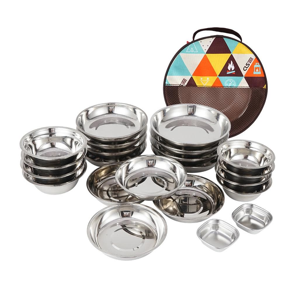 CLS 22PCS Portable Dinner Plates Camping Tableware Set Polished Stainless Steel Bowls Soup Pots silver