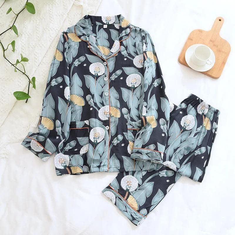 New Spring and Autumn Ladies Pajamas 100% Viscose Long-sleeved Home Clothes Pure Cotton Flowers Plus Size Two Piece Set Summer XL