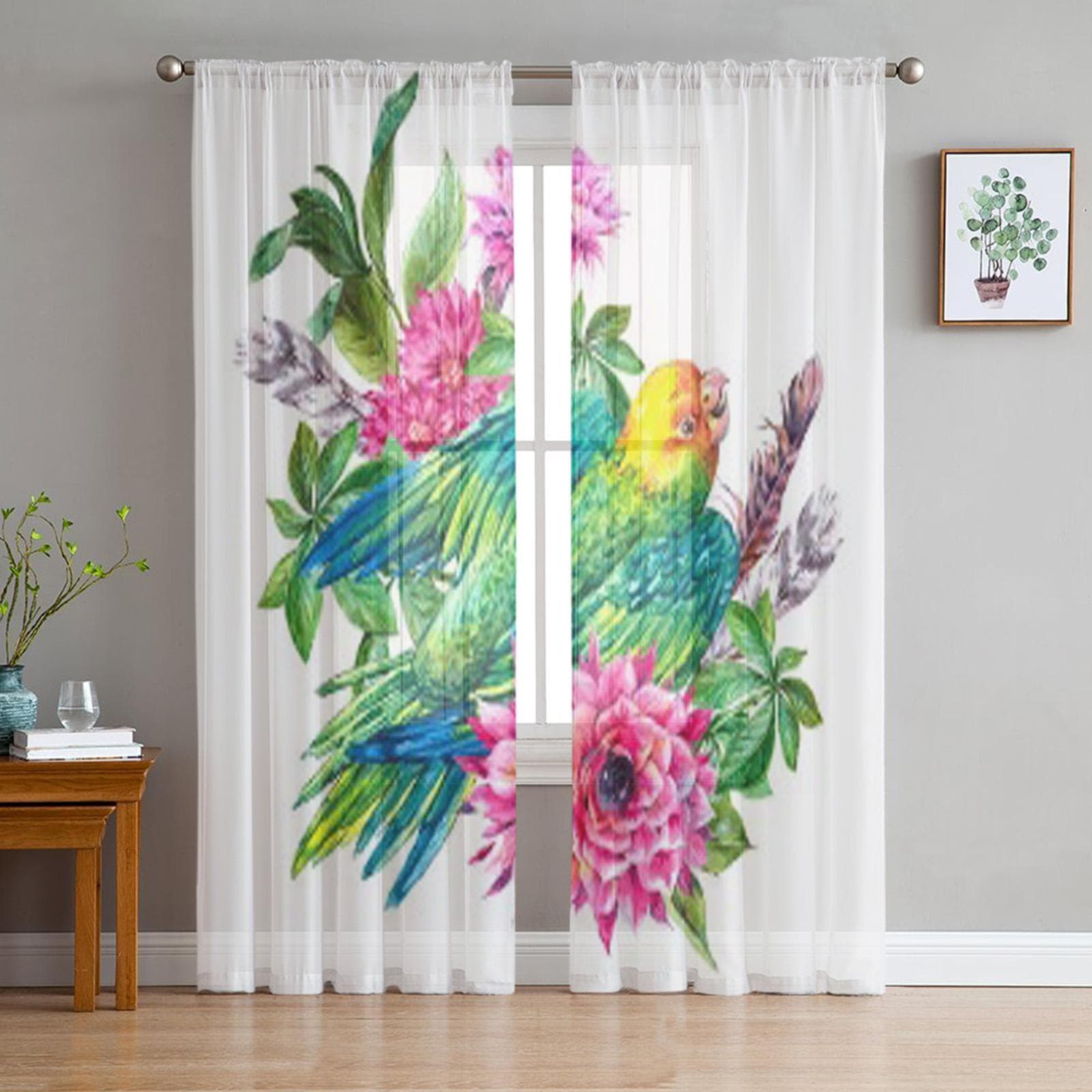 Tropical Vintage Pink Flowers Green Parrot Sheer Curtains for Living Room Tulle Window Curtain Bedroom Kitchen Veil Drapes 135W x 114H(cm)