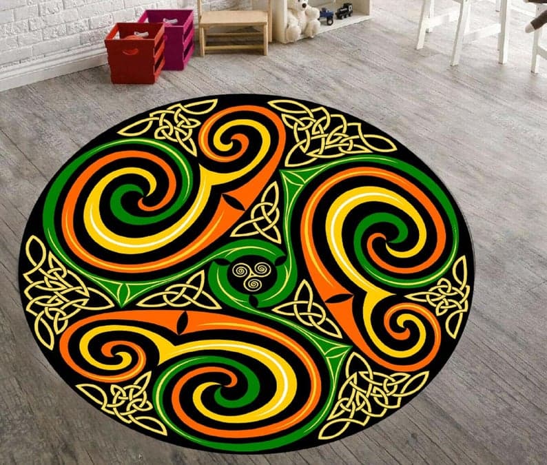 Fire wolf print living room carpet Galaxy wormhole round carpet Electric blue mandala round carpet kitchen bathroom non-slip mat 60CM