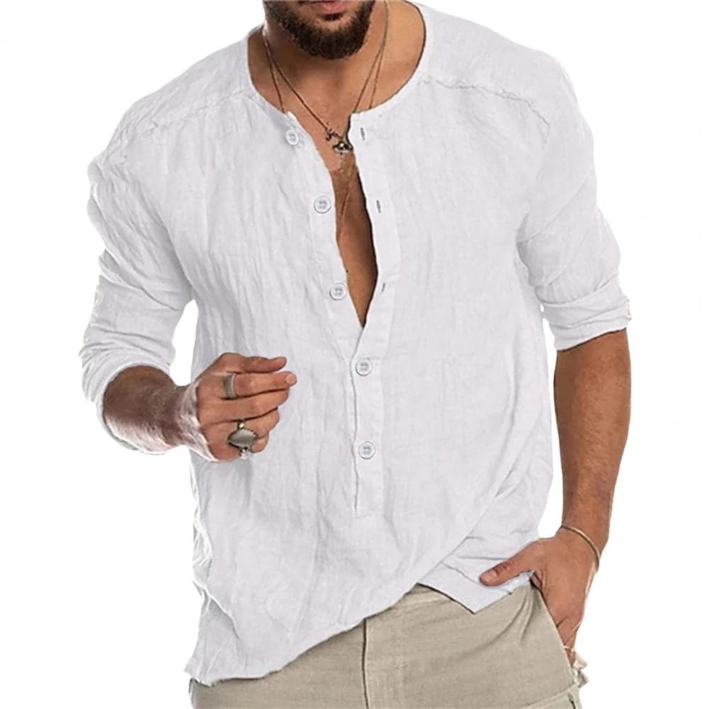 Spring Men Shirt Round Neck Long Sleeves Buttons Half Single-breasted Solid Color Casual Breathable Vinatge Thin Mid Length Dail M white
