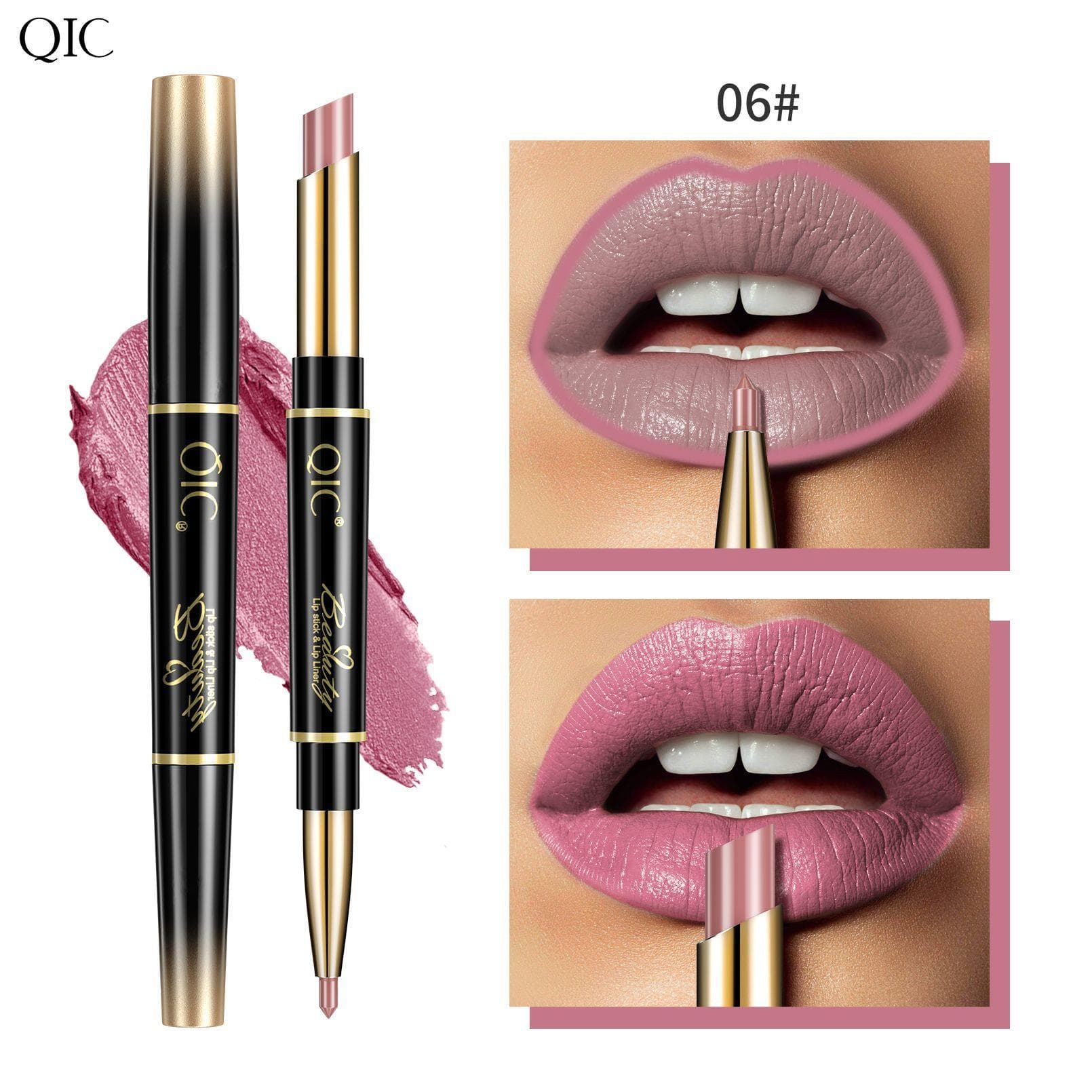 QIC Double-ended Lipstick Pen, Waterproof, Long-lasting, Color-producing Two-in-one Slim Tube Lipstick Lip Liner 06