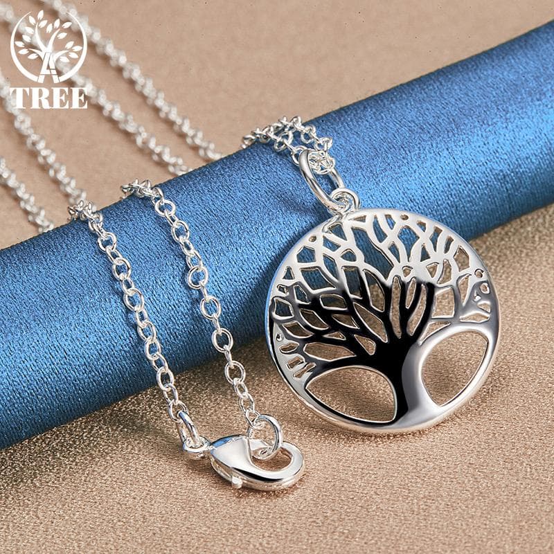 925 Sterling Silver Tree Round Pendant Necklace Jewelry 45cm