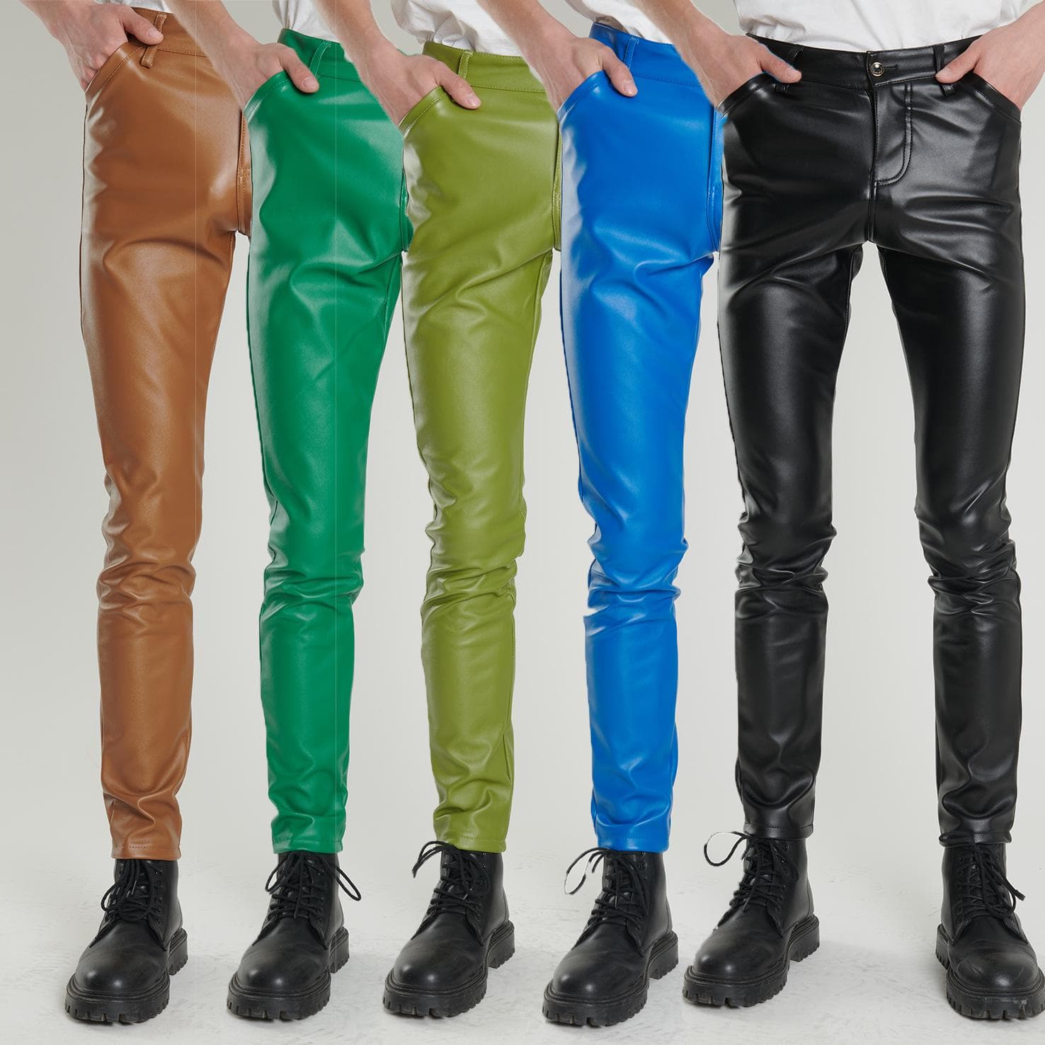 Men's Elastic Leather Pants for Dance & Salon - Green/Blue/Brown Size 34 (27-inch waist) brown