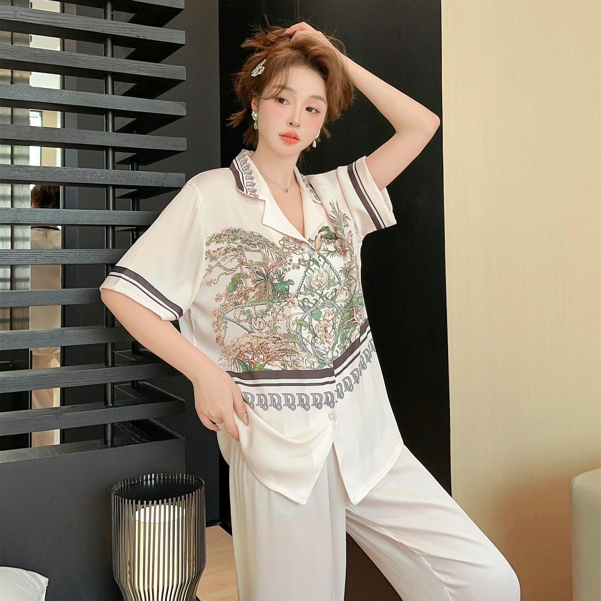 New Style Silk Wrinkle Printed Pajamas for Women Long-sleeved Silk Two-piece Summer Home Wear XL