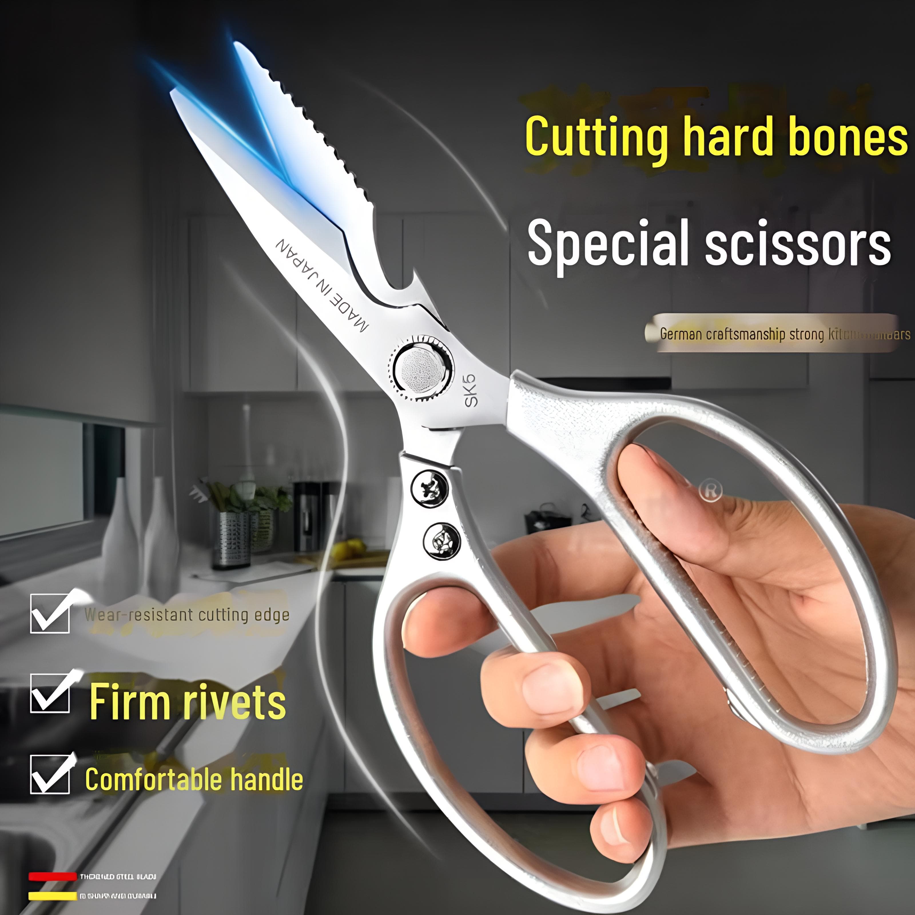 Multipurpose SK5 Stainless Steel Kitchen Scissors for Tough Cutting Tasks - Ideal for Bones, Poultry, Fish, and More. silver