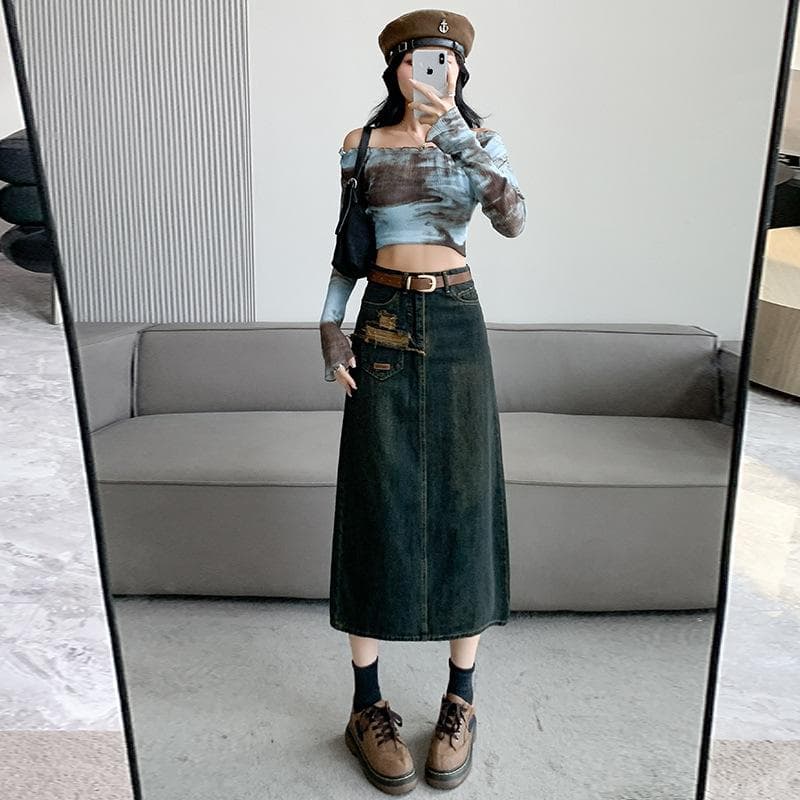 Cement Ash Wash Personalized Pocket Rear Slit Denim Skirt 2XL