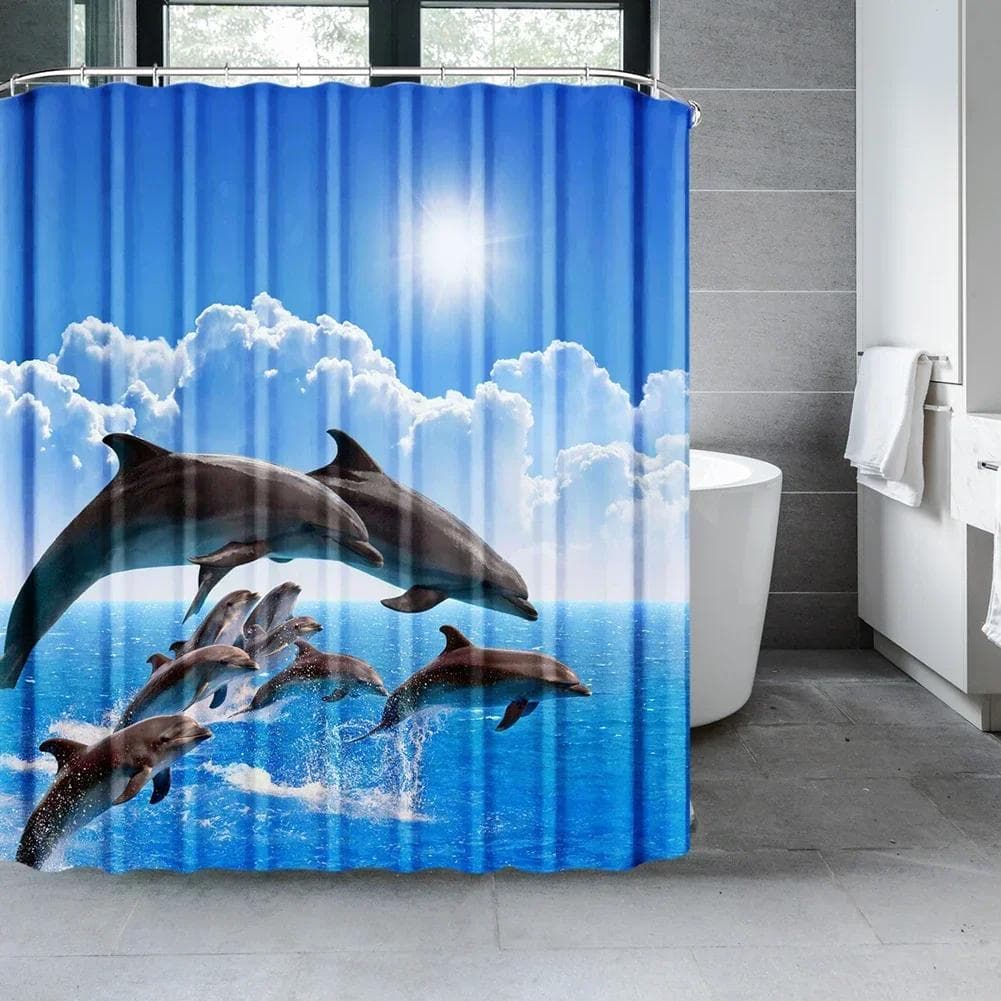 Ocean Underwater World Shower Curtains Set Dolphin Animal Cheerful Marine Life Scenery Polyester Fabric for Kids Bathroom Decor W180xH180cm
