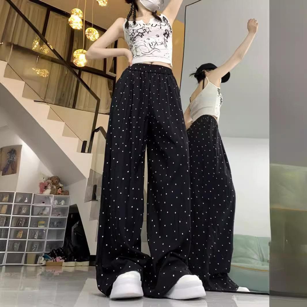 Polka Dot Ice Silk Cool Pants Wide-leg Pants for Women In Spring and Summer Thin High Waist Drape Straight-leg Pants Sun Protection Casual Trousers XXXL