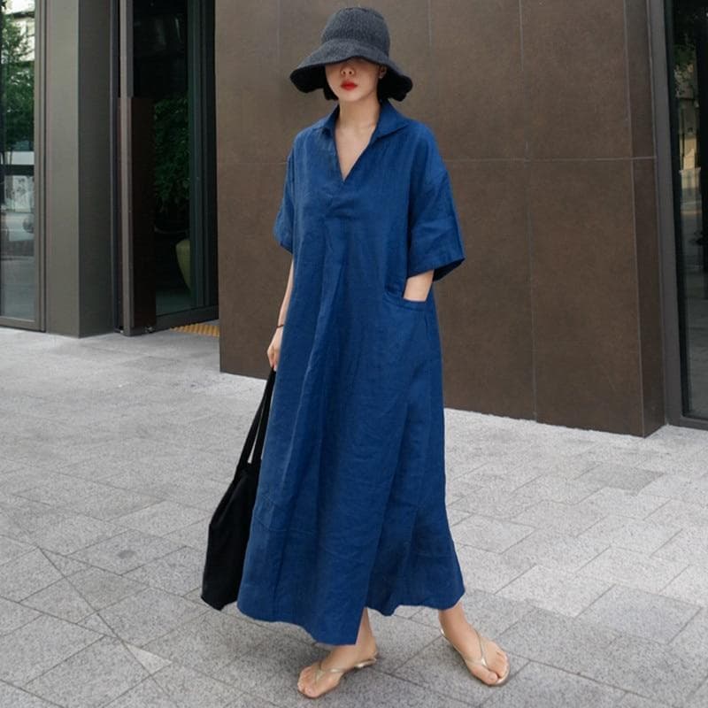 Johnature Women Cotton Linen V-Neck Solid Color Robes Dress Summer Simple Short Sleeve Pockets Dresses L blue