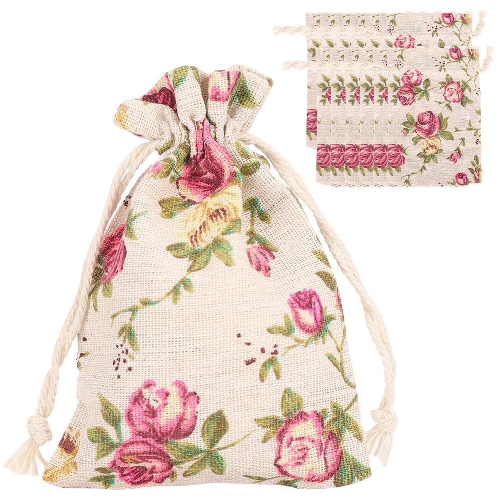 50PCs Burlap Bag Drawstring Flower‑Pattern Jewelry Packing Christmas Day Wedding Party