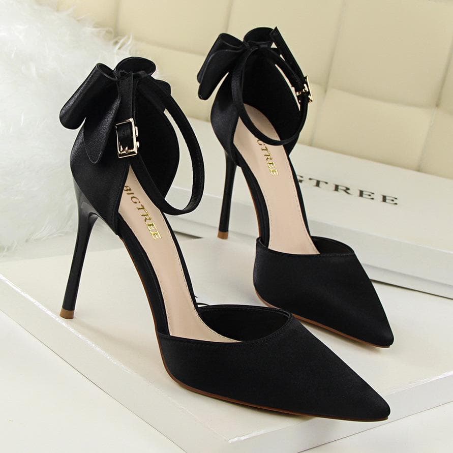 BIGTREE Sweet Lady Thin Heel 10cm High Heel Shallow Mouth Pointed Sandal with Bow Tie 41 black