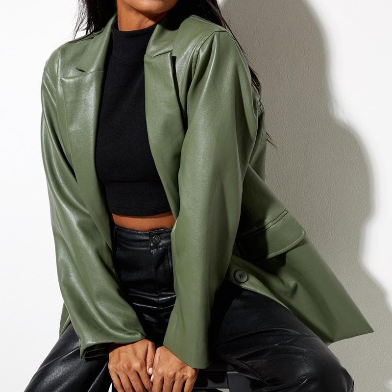 Women's Leather Jacket Autumn and Winter New Leather Jacket Casual Warm Suit Jacket Women L