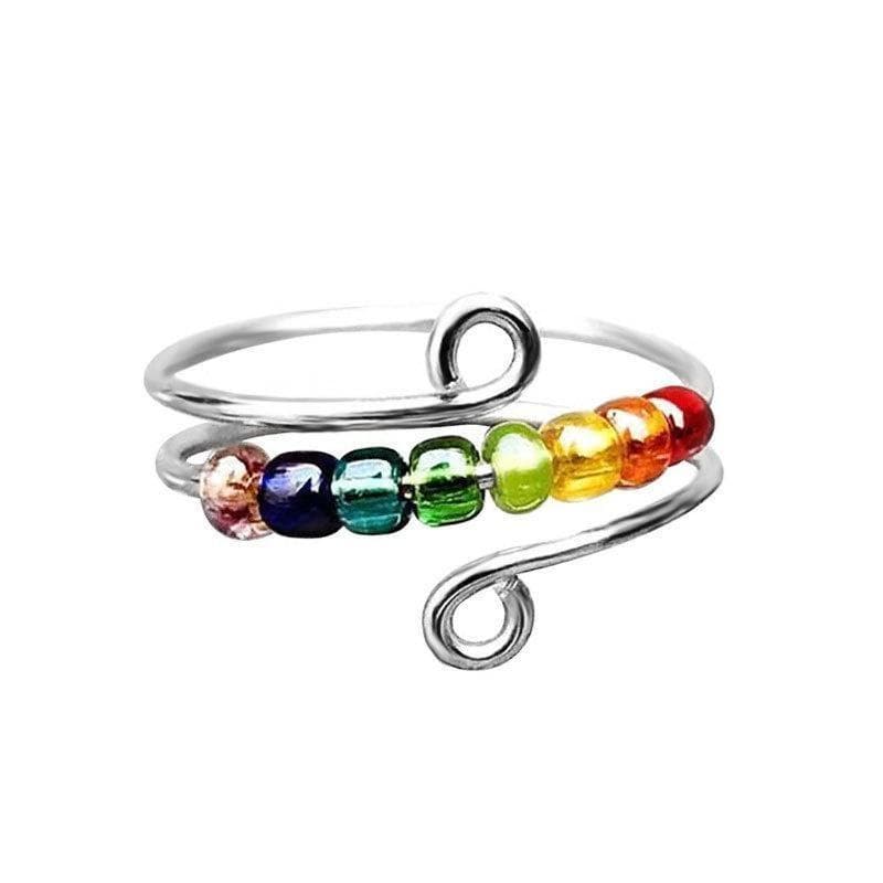 Women Decompression Ring Rotatable Anti Anxiety Rainbow Beads Ring Jewelry Adjustable Open Relief Anxiety Ring For Daughter Ring Girls Gift