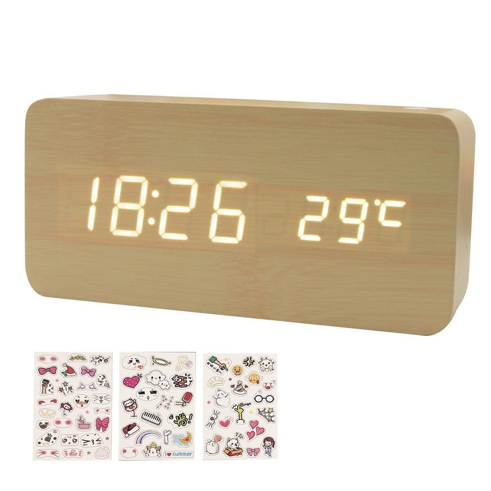 Wooden Digital Alarm Clock 8 Levels Adjustable Brightness Digital Clock with LED Time Date Bamboo
