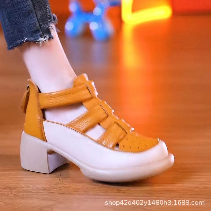 Hollow thick heel women's sandals 2024 summer new soft sole light casual middle heel sandals 41 ginger