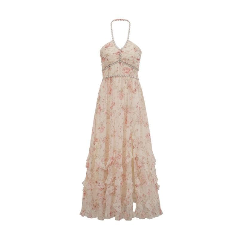 Summer Women's Sweet Neck Skirt Long Skirt Women's Printed Slit Skirt XL