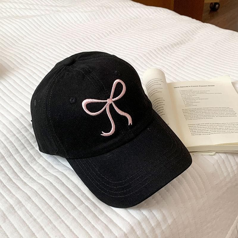 Sweet Bowknot Embroidery Baseball Hat For Women Solid Color Korean Girl Peaked Cap Outdoor Soft Cotton Snapback Sun Visors Hat Adjustable black