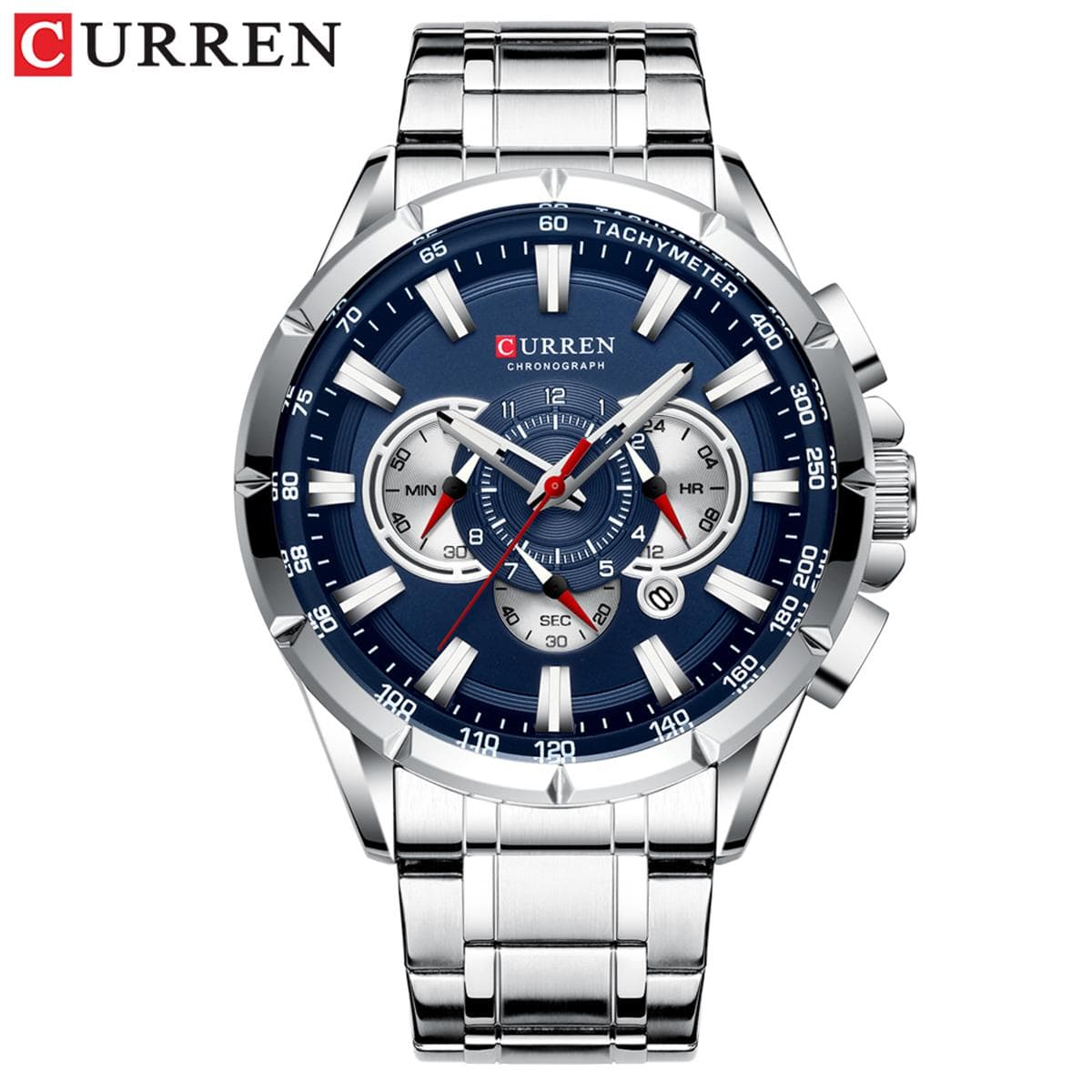 CURREN 8363 Watch Quartz Man Wristwatch Watches with Stainless Steel Strap Band Three Sub-Dials Calendar Indicator Waterproof blue/silver