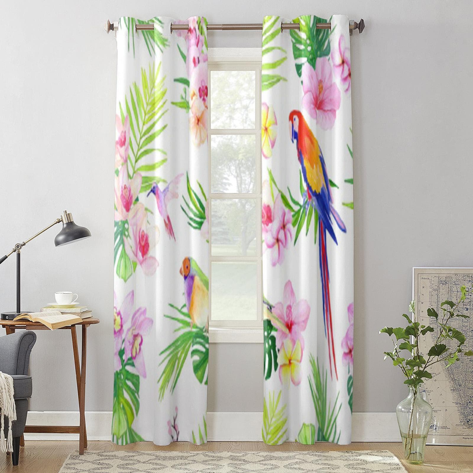 Modern Window Curtains Tropical Leaves with Flowers and Birds Luxury Fashion Curtains for Living Room Bedroom Kitchen Drapes 135W x 60H(cm) x1