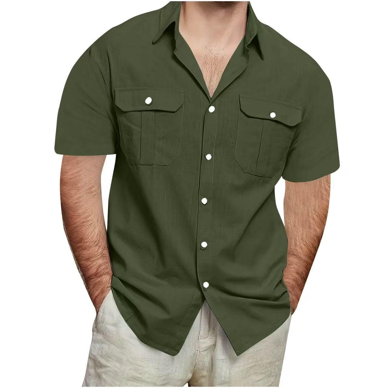 Summer Men's Short Sleeve Double Pocket Shirts Solid Color Loose Casual Shirt Men 2XL green