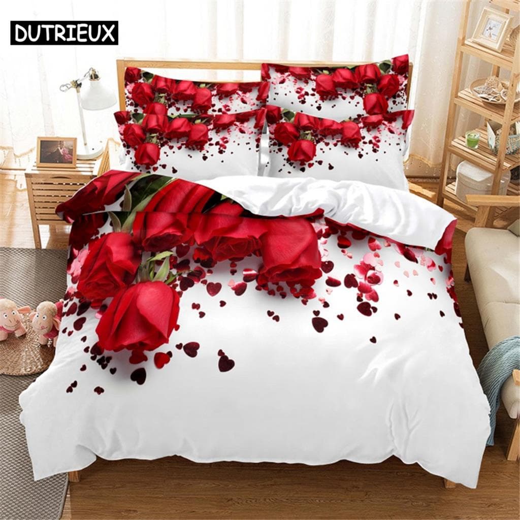 Red Rose Bedding Set Duvet Cover Set 3d Bedding Digital Printing Bed Linen Queen Size Bedding Set Fashion Design EU single(135x200cm)&set