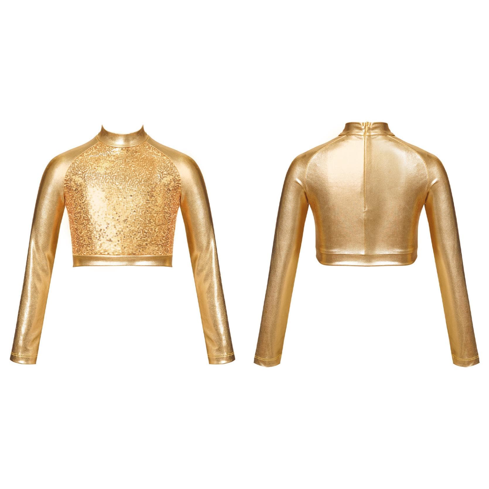 Kids Girls High Neck Glitter Crop Top Metallic Long Sleeve T-Shirt Ballet Dance Leotard Gymnastics Performance 13-14 Years gold