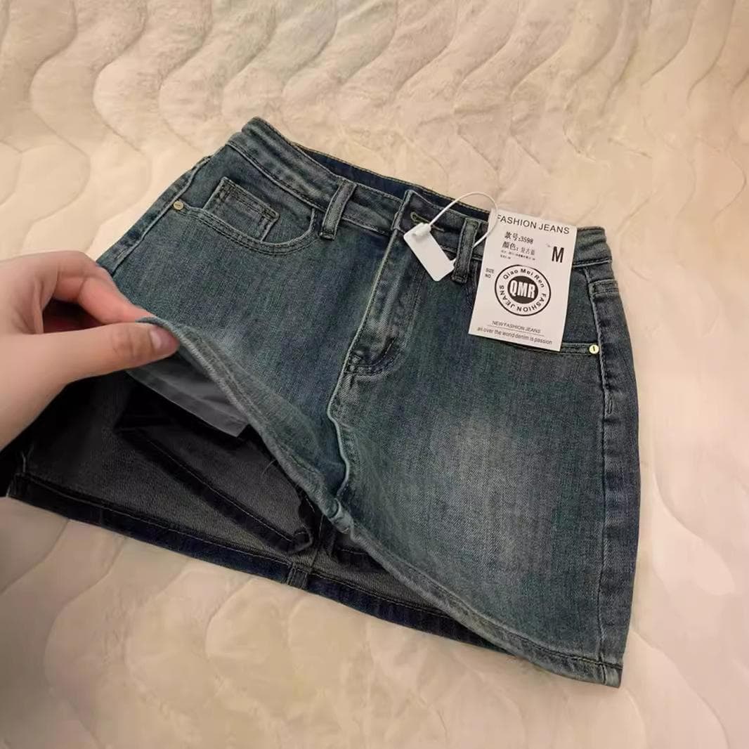 Retro Denim Short Skirt for Women In Summer New High-waisted Slim A-line Skirt Anti-exposure Hip-covering Skirt M