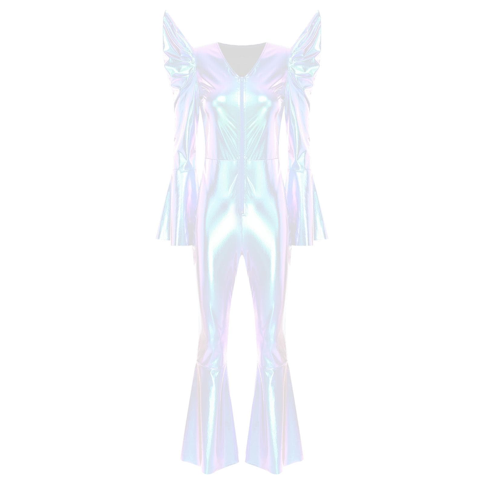 Womens Hippie Bell Bottom Jumpsuit Metallic Shiny Disco Costume Long Sleeve Front Zip Romper M white