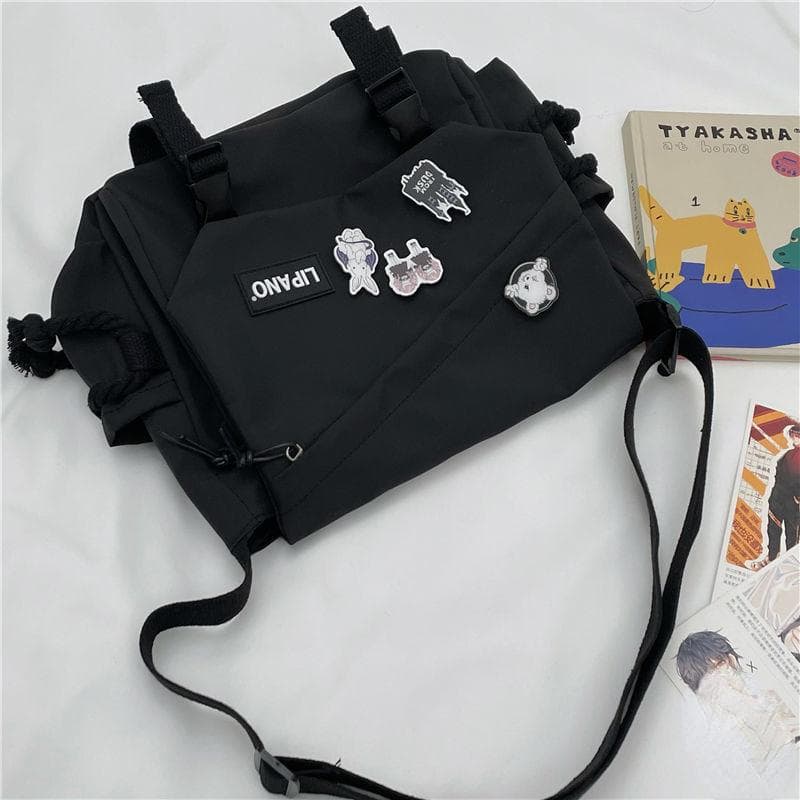 Nylon Handbags Shoulder Bag Large Capacity Crossbody Bags for Teenager Messenger Bag Student School Bags with 4 badges black