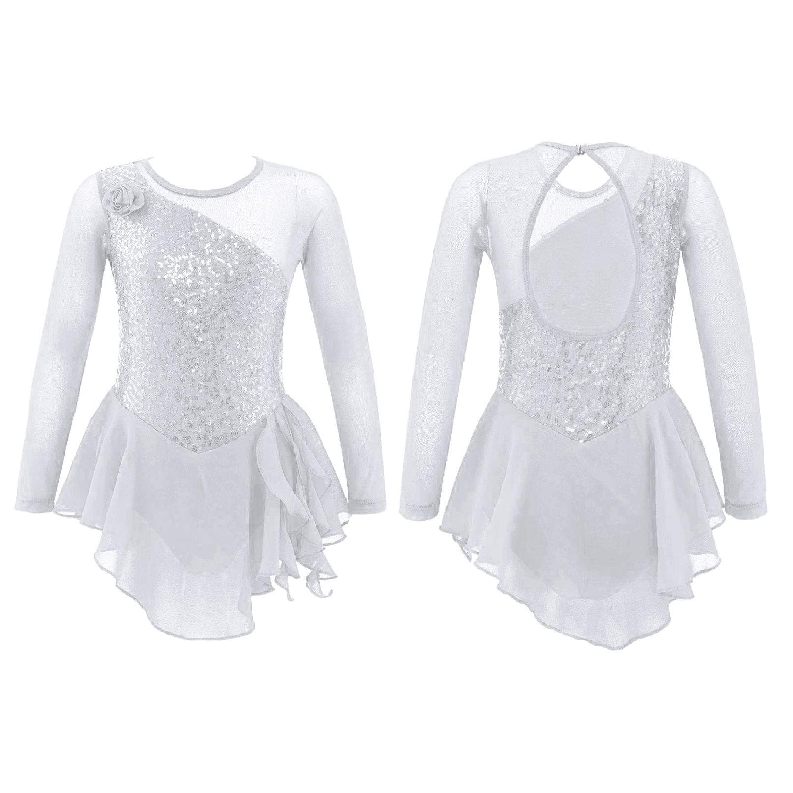 Figure Skating Dress for Children Ice Skating Competition Clothing Girls Ballet Dance Gymnastics Dresses 11-12 Years white