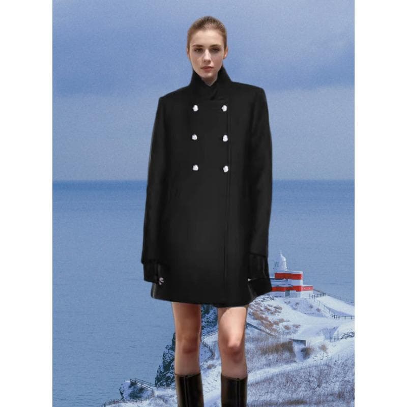 Autumn and Winter Medium and Long Small Stand-up Collar Thin Solid Color Slim Women's Woolen Coat Coat XL