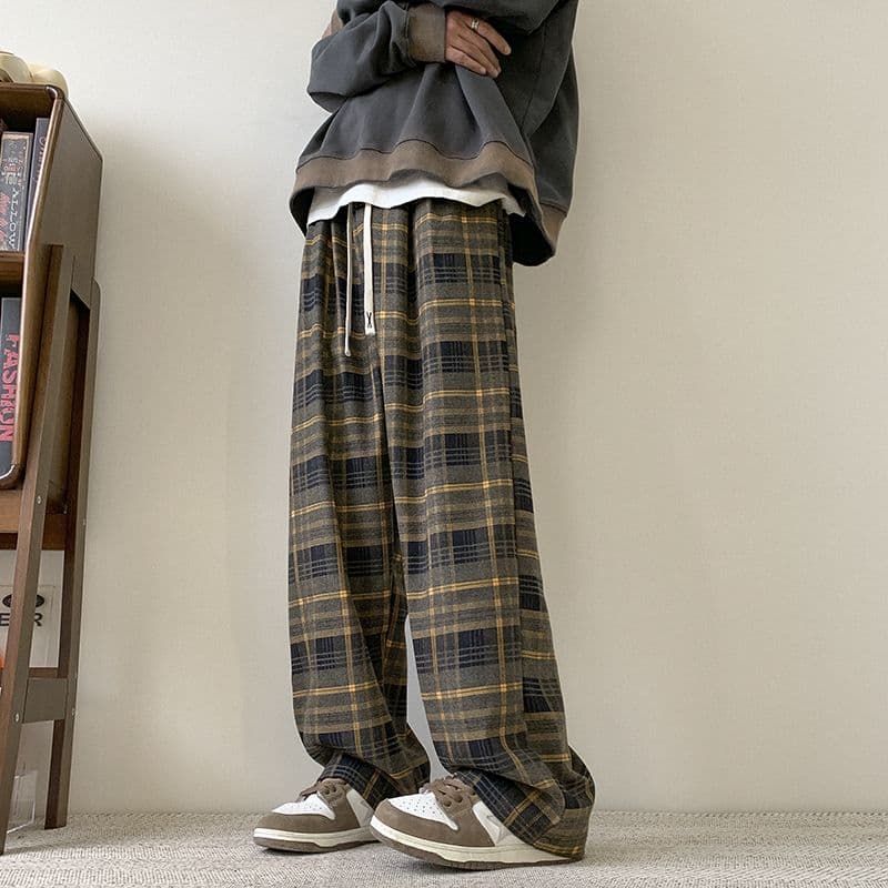Women Men's y2k Casual Plaid Pants Sweatpants Wide Leg Baggy Track Pants Vintage Korean Style Clothes Trousers Streetwear Men XL yellow