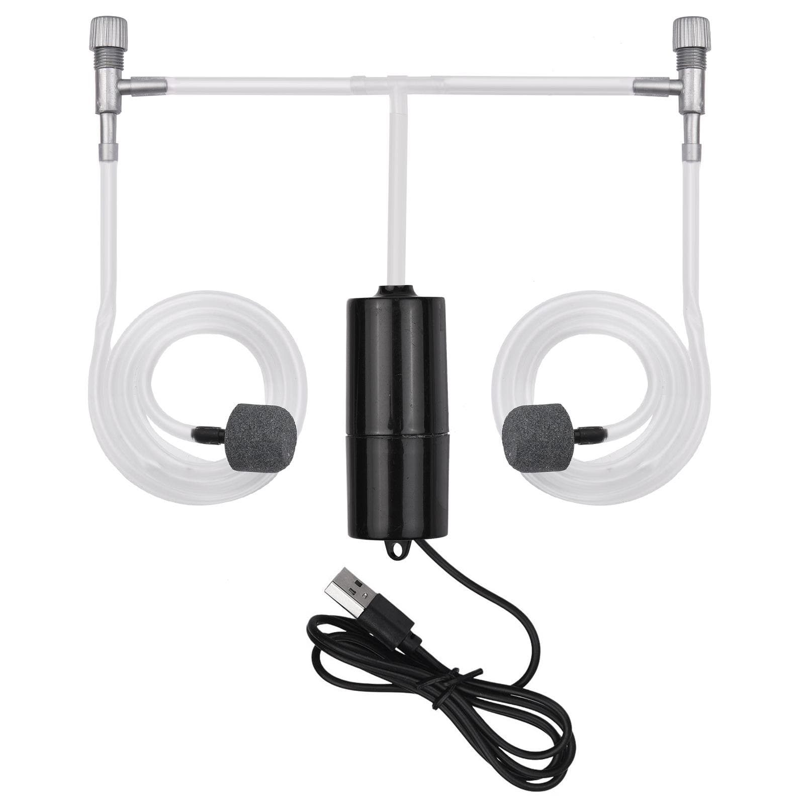 Aquarium USB Air Pump Small Oxygen Pump with Air Stone Tubing Hanging Buckle for Fish Tank Outdoor With 2 Air Stone black