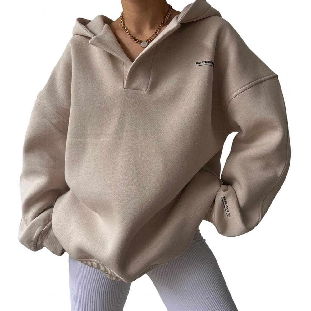 Autumn Winter Women Hoodies V-neck Long Sleeves Pullover Tops Fashion Solid Color Hooded Sports Coat Casual Loose Sweatshirt L apricot