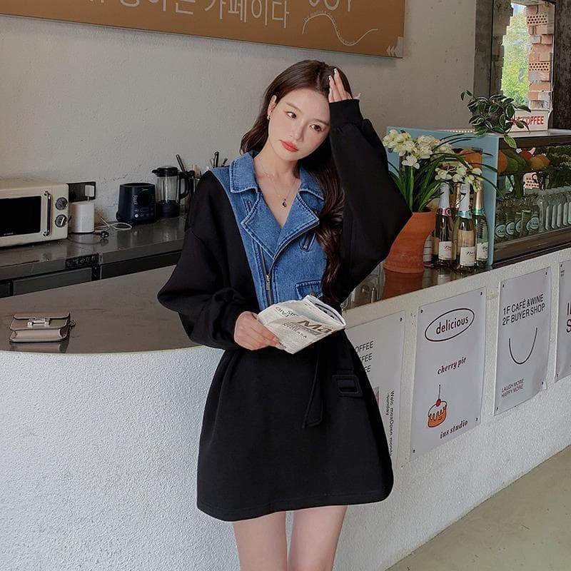 Denim Long-sleeved Sweatshirt Dress for Women Autumn New Korean Version Loose Age-reducing Small Person Street Dress XL
