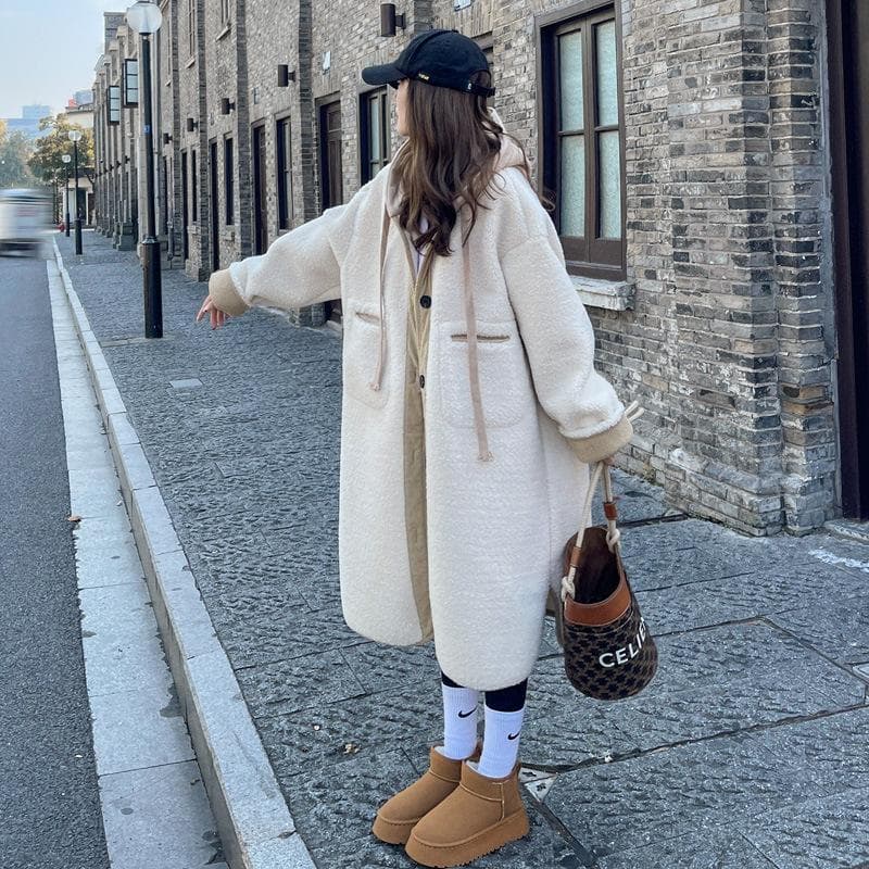Off-white Hooded Lambswool Coat for Women In Autumn and Winter Thickened Korean Style Loose Lazy Mid-length Cotton Plush Coat S